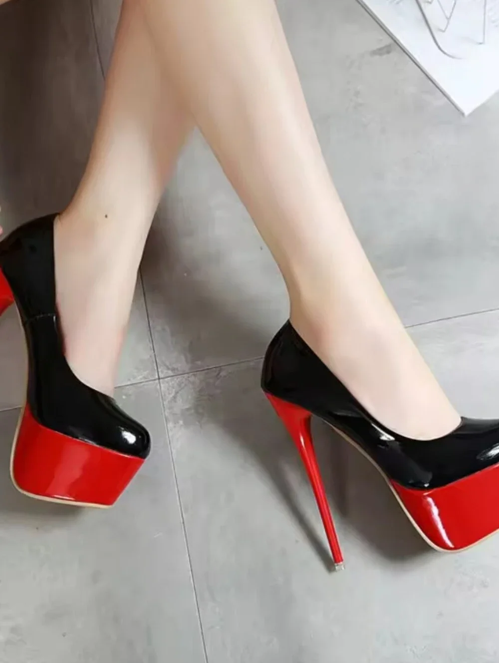 Patent Black and Red Platform Stiletto Pumps - Women